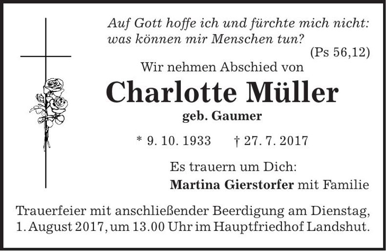 Traueranzeige Charlotte Müller