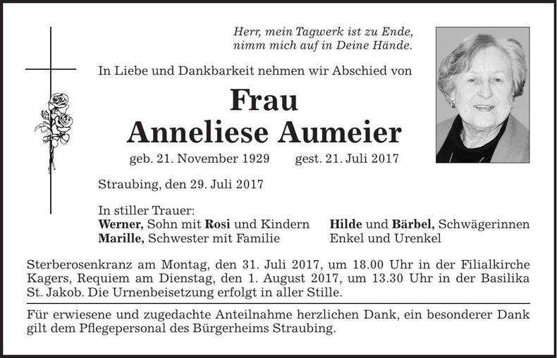 Traueranzeige Anneliese Aumeier