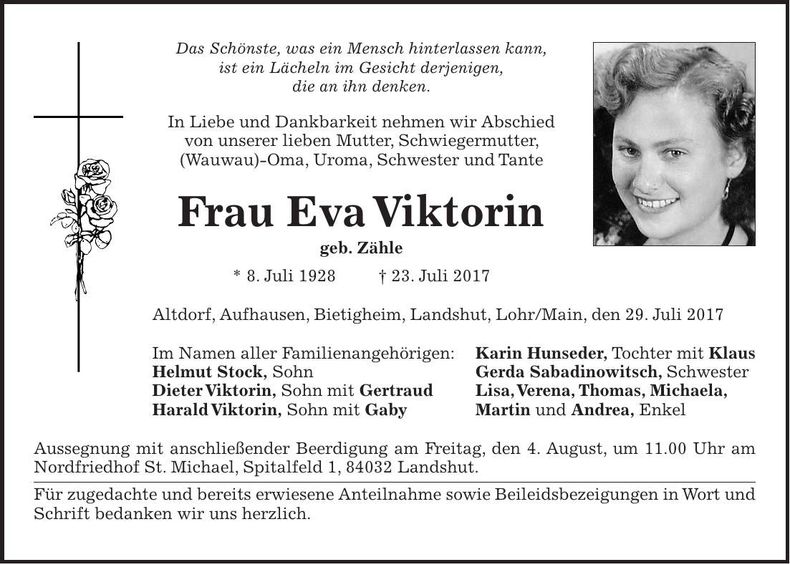 Traueranzeige Eva Viktorin