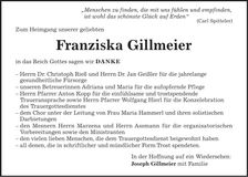 Traueranzeige Franziska Gillmeier