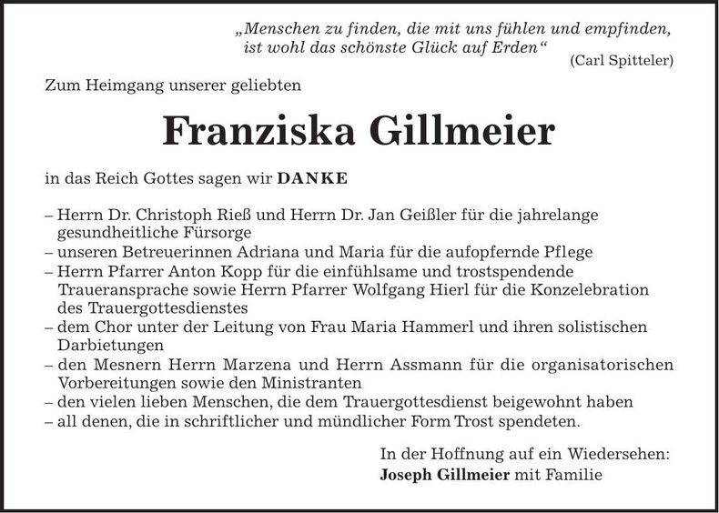 Traueranzeige Franziska Gillmeier
