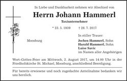 Traueranzeige Johann Hammerl