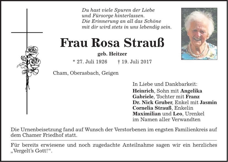 Traueranzeige Rosa Strauß