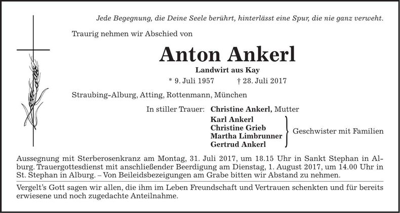 Traueranzeige Anton Ankerl