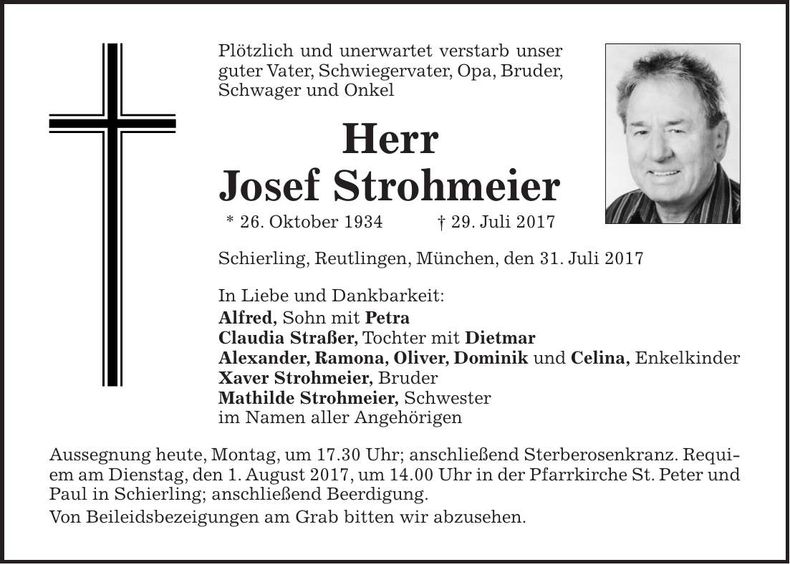 Traueranzeige Josef Strohmeier