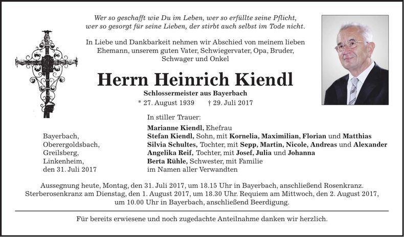 Traueranzeige Heinrich Kiendl