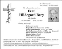 Traueranzeige Hildegard Brey