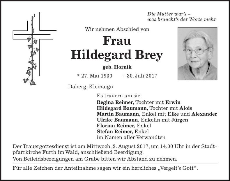 Traueranzeige Hildegard Brey
