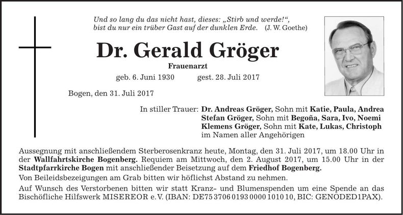 Traueranzeige Gerald Dr. Gröger
