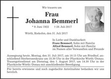 Traueranzeige Johanna Bemmerl