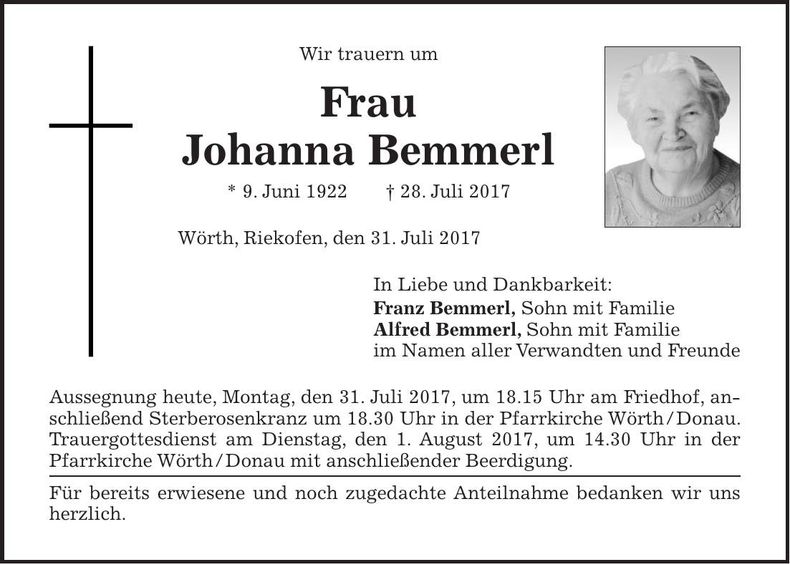 Traueranzeige Johanna Bemmerl