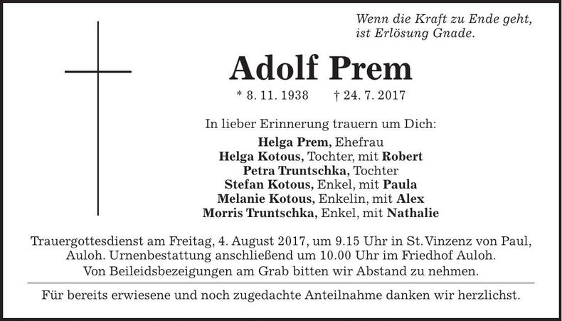 Traueranzeige Adolf Prem