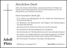 Traueranzeige Adolf Plötz