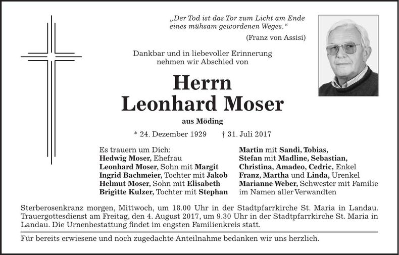 Traueranzeige Leonhard Moser