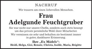 Traueranzeige Adelgunde Feuchtgruber