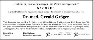 Traueranzeige Gerarld Dr. Gröger