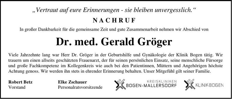 Traueranzeige Gerarld Dr. Gröger