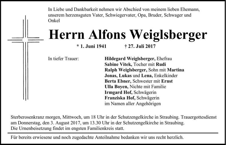 Traueranzeige Alfons Weiglsberger