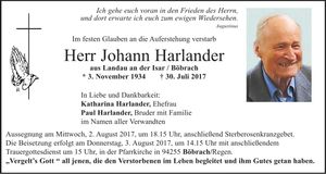 Traueranzeige Johann Harlander