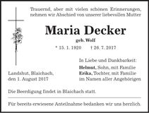 Traueranzeige Maria Decker
