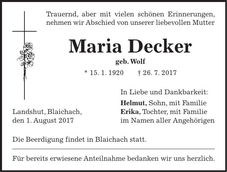 Traueranzeige Maria Decker