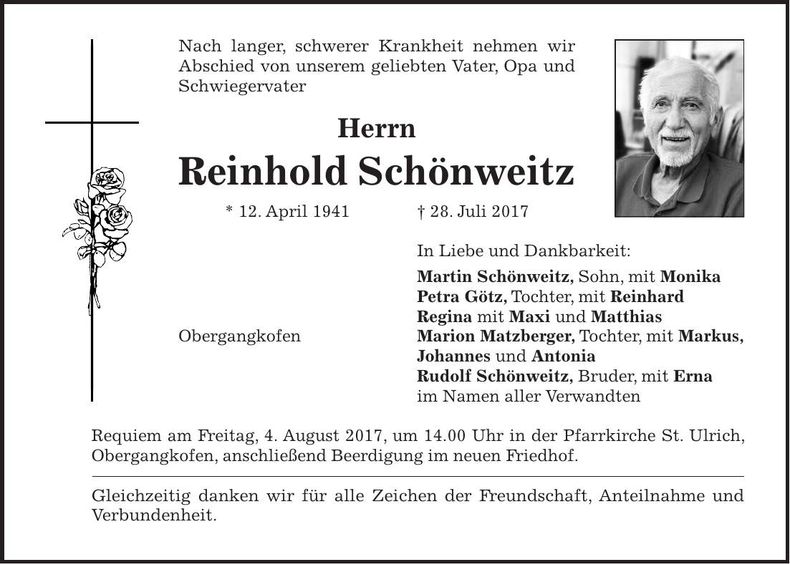 Traueranzeige Reinhold Schönweitz