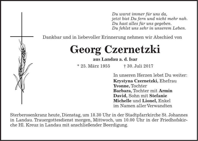 Traueranzeige Georg Czernetzki