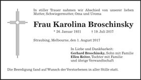 Traueranzeige Karolina Broschinsky