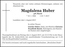 Traueranzeige Magdalena Huber