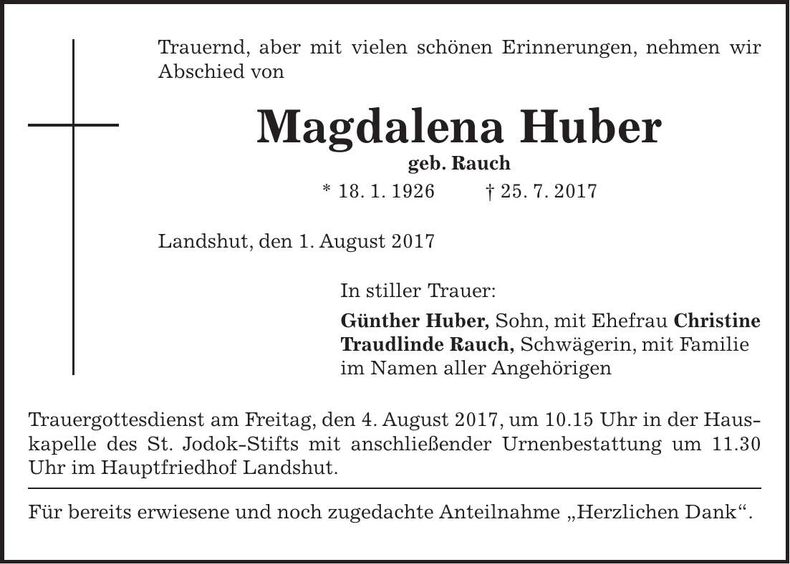 Traueranzeige Magdalena Huber