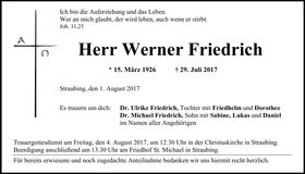 Traueranzeige Werner Friedrich