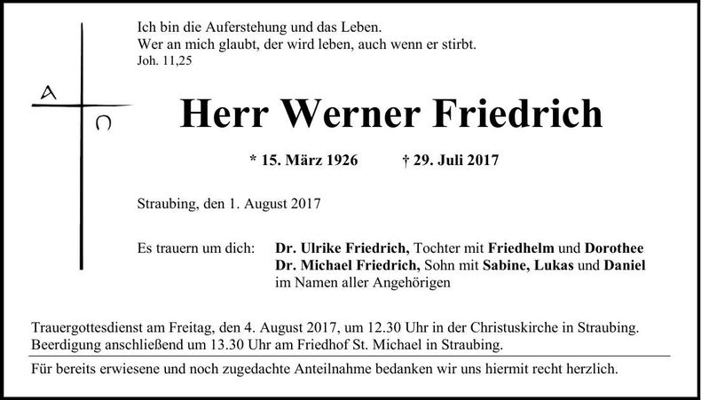 Traueranzeige Werner Friedrich