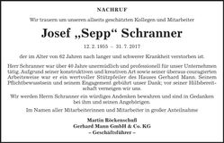 Traueranzeige Josef Schranner