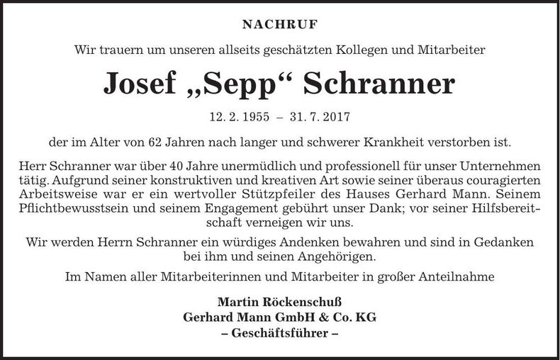 Traueranzeige Josef Schranner