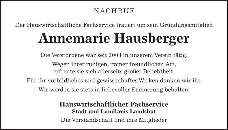 Traueranzeige Annemarie Hausberger