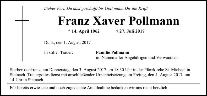 Traueranzeige Franz Xaver Pollmann