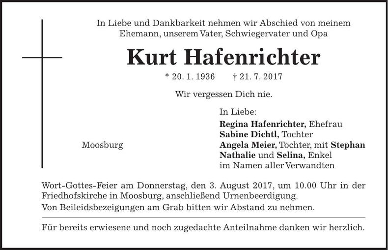 Traueranzeige Kurt Hafenrichter
