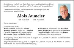 Traueranzeige Alois Aumeier