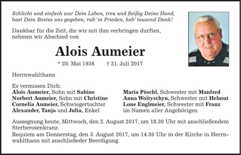 Traueranzeige Alois Aumeier