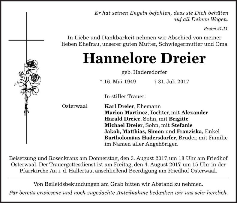Traueranzeige Hannelore Dreier