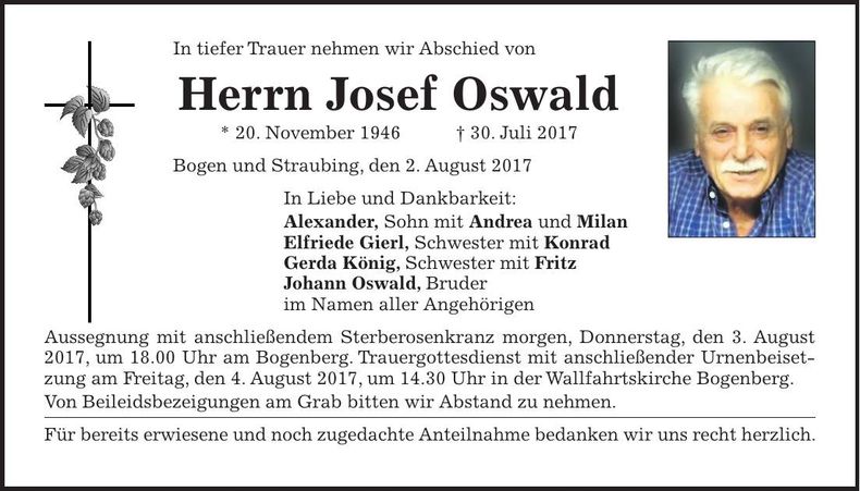 Traueranzeige Josef Oswald