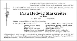 Traueranzeige Hedwig Marxreiter