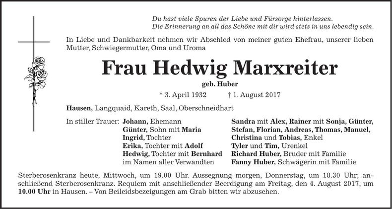 Traueranzeige Hedwig Marxreiter