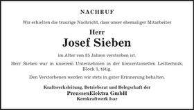 Traueranzeige Josef Sieben
