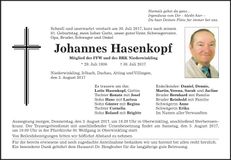 Traueranzeige Johannes Hasenkopf