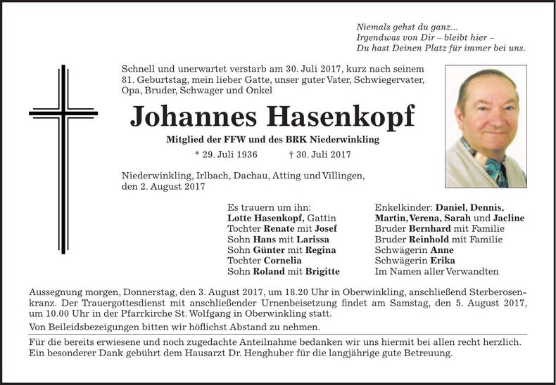 Traueranzeige Johannes Hasenkopf