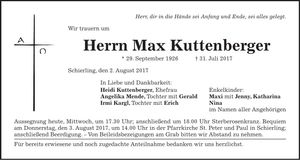 Traueranzeige Max Kuttenberger