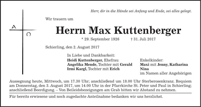 Traueranzeige Max Kuttenberger
