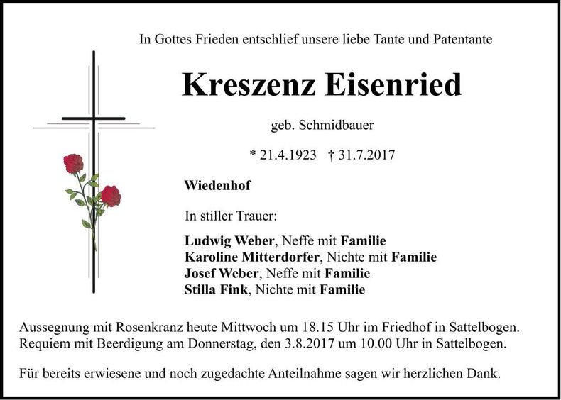 Traueranzeige Kreszenz Eisenried