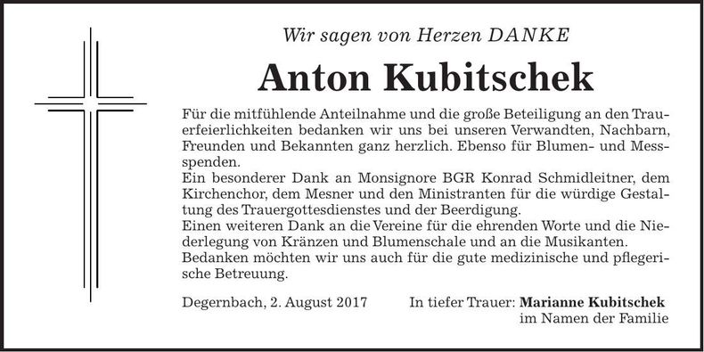Traueranzeige Anton Kubitschek